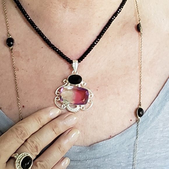 Necklace tourmaline pendant, silver, onyx strand. - Picture 7 of 8